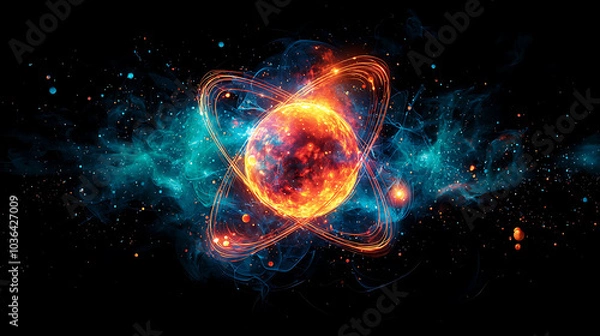 Fototapeta A fiery, glowing orb with a blue halo and orbiting rings against a black background with scattered blue sparks.
