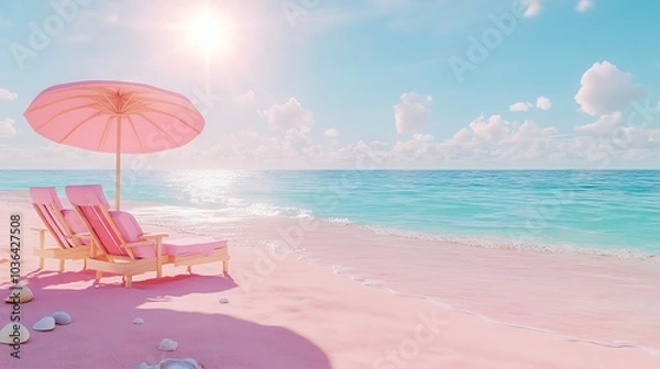 Fototapeta Pink beach chairs and umbrella under a bright sky by the shimmering ocean.