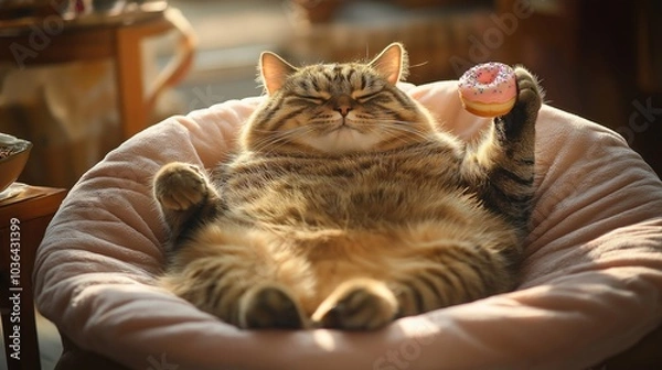 Fototapeta Happy fat cat with donut