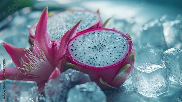 Obraz Two halves of a dragon fruit placed on a bed of ice cubes, with a tropical flower nearby for a refreshing look. --chaos