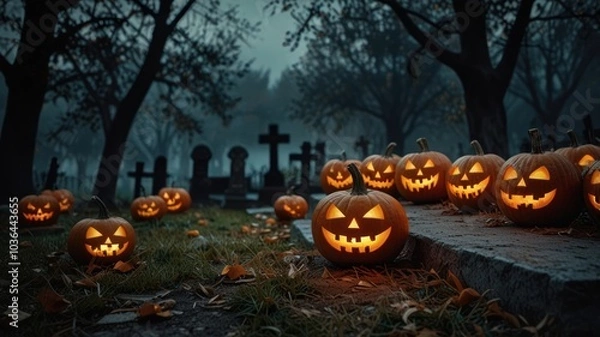 Fototapeta A row of jack-o-lanterns with glowing faces sit on the steps of a cemetery at night.  The cemetery is shrouded in mist and the air is filled with a spooky atmosphere.