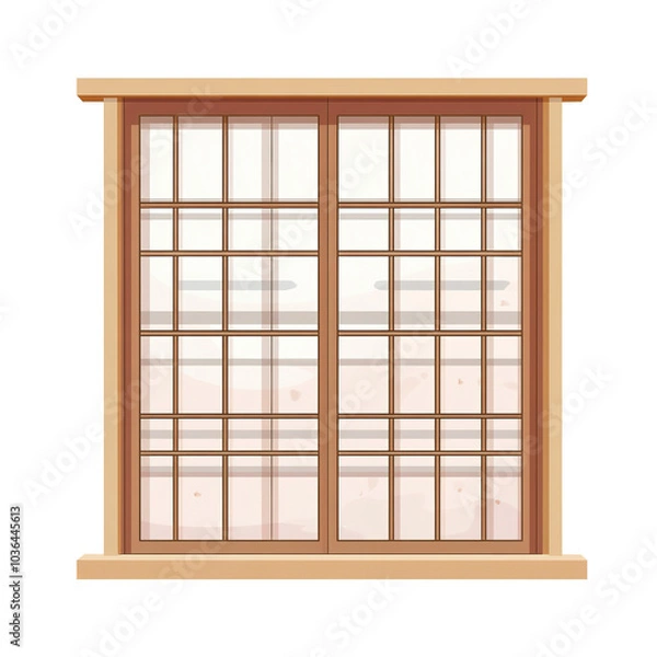 Fototapeta A traditional Japanese shoji window, architectural element, flat design, light wood and paper, isolated on white background 