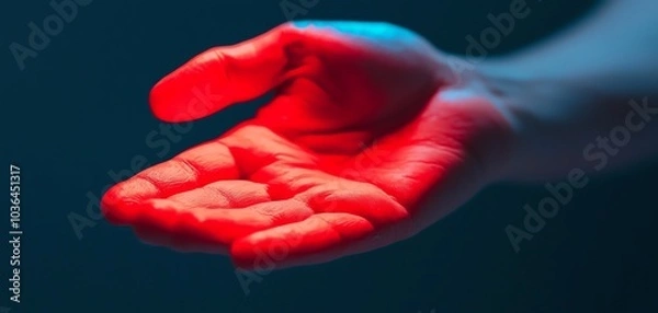 Obraz Close-up of a hand illuminated by red and blue lighting, creating a dramatic effect and highlighting texture and shape in a dark atmosphere.