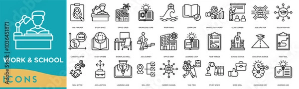 Fototapeta Work & School icon. Task Tracker, Study Space, Office Oasis, Knowledge Core and Work Wave