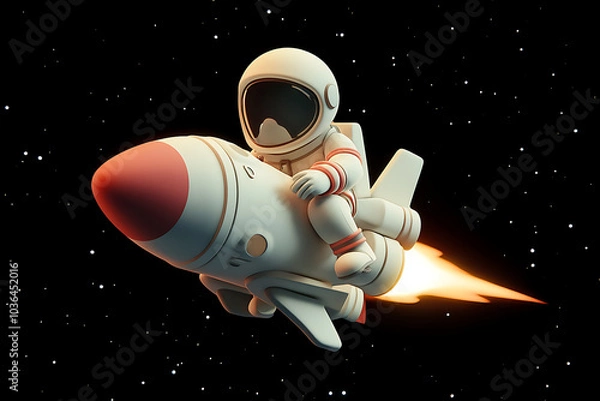Fototapeta A cartoon astronaut rides a rocket through space, showcasing a playful and adventurous theme.