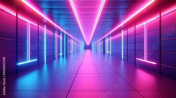 Fototapeta Light corridor in modern cyber sci fi corridor. 