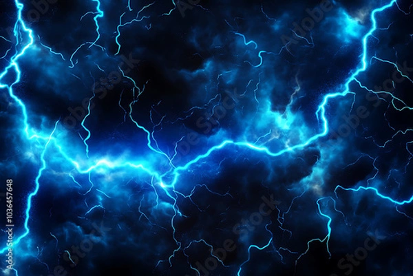 Fototapeta A dramatic depiction of blue lightning against a dark, cloudy background.