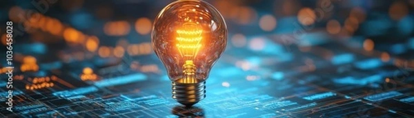 Obraz Light bulb on circuit board, glowing and bright