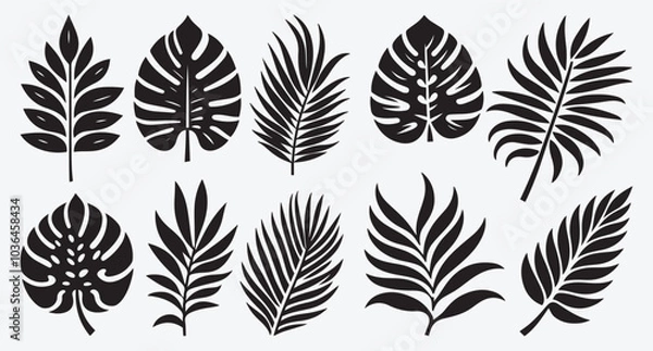 Obraz Tropical Leaves Silhouette Bundle Clip Art Vector Illustration Isolated on White Background 