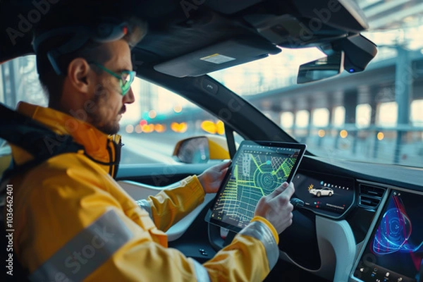 Fototapeta Engineer monitoring autonomous car test, holding tablet, analyzing real-time data, vehicle on test track