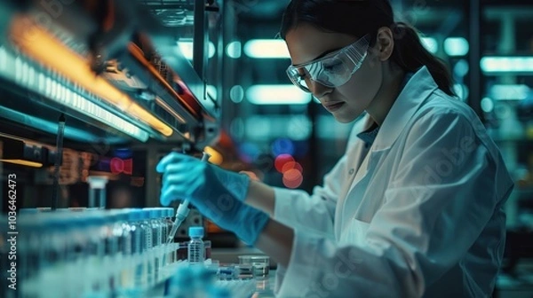 Obraz A researcher conducting a CRISPR gene editing experiment, using specialized equipment to alter genetic material in a state-of-the-art genetics lab.