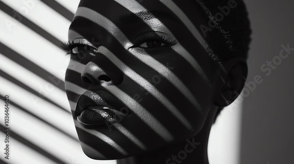 Obraz Close-up portrait of a woman's face with stripes of light and shadow.