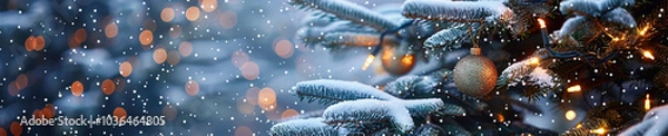 Fototapeta Snow-covered evergreen tree with festive ornaments, glowing lights, twilight sky in the background