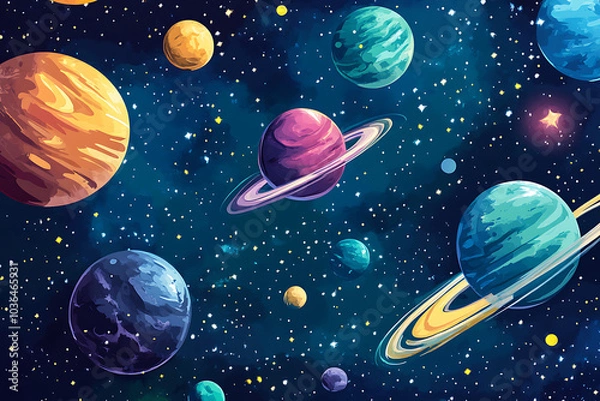 Fototapeta A vibrant illustration of planets in space, showcasing colorful celestial bodies and stars.