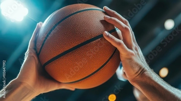 Fototapeta A close-up shot of a basketball player’s hands gripping the ball tightly as they prepare for a jump shot 