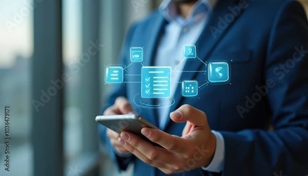 Fototapeta Invoice and online digital statements concept. Businessman using smartphone with invoice icons on virtual screen