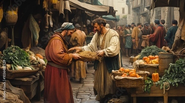 Fototapeta Medieval market scene with two traders exchanging goods in a barter system. Vegetables and handmade tools in a lively marketplace setting. Historical trade concept for design and print.