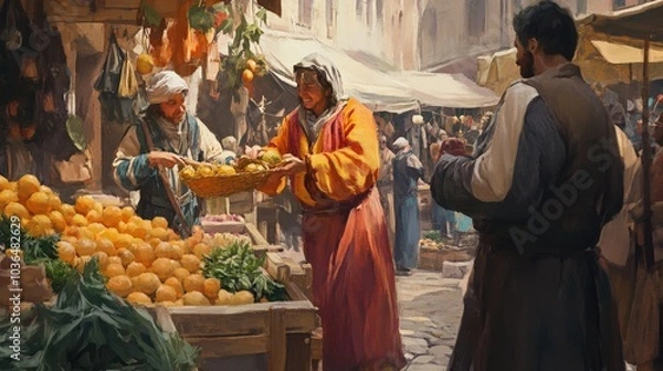Fototapeta Ancient market scene illustrating the barter system with two traders exchanging goods. Lively medieval marketplace with vegetables and handmade tools. Historical trade concept for design and print.