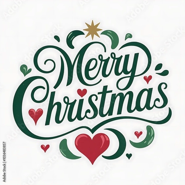 Fototapeta A Green and Red "Merry Christmas" Greeting with Hearts and Swirls