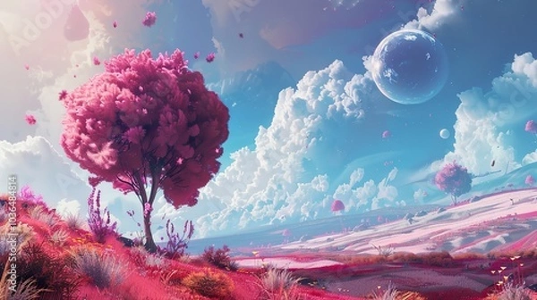 Fototapeta Dreamy Pink Landscape with Floating Islands and Clouds