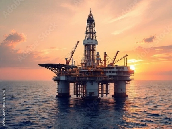 Fototapeta A large oil rig is floating in the ocean with the sun setting in the background