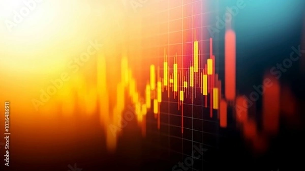 Fototapeta A close-up shot of a stock market chart with red and yellow bars. The chart shows a strong upward trend with a bright, glowing background.