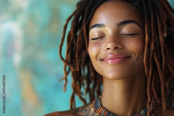 Fototapeta Beautiful woman with dreadlocks smiling with her eyes closed, Generative AI