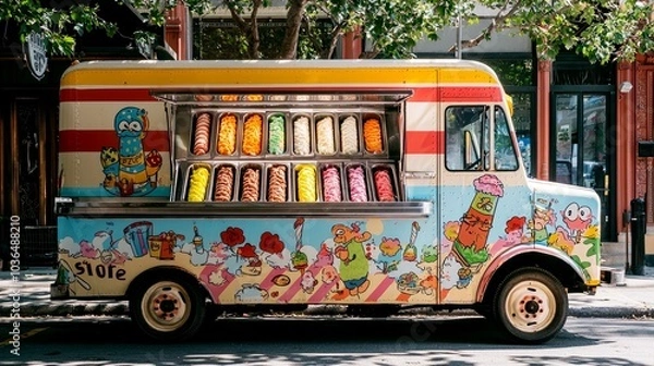Fototapeta A colorful ice cream truck parked on a city street with various flavors of ice cream on display.