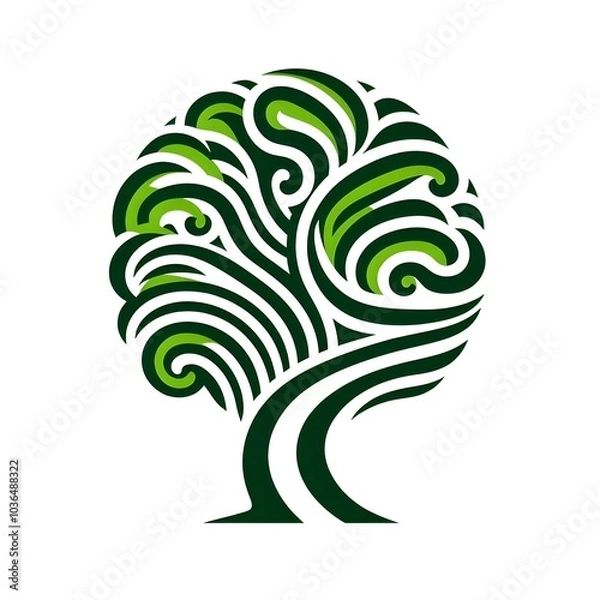 Obraz Abstract Green Swirling Tree Illustration with Artistic Twirls and Nature-Inspired Design on a Beige Background for Creative Projects and Environmental Themes