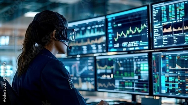 Fototapeta A female IT specialist in a headset monitors multiple screens displaying graphs and charts.