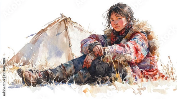Fototapeta Pink watercolor painting of Siberian Nenets girl in nomadic camp