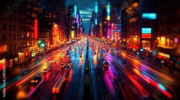 Fototapeta High-angle shot of a vibrant city street at night, Urban, Life