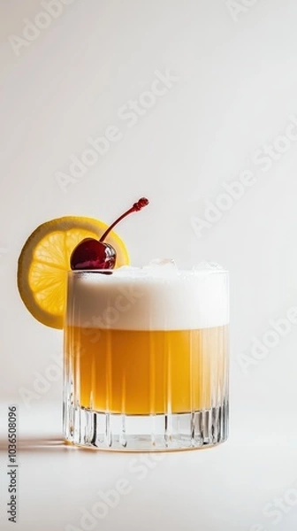 Fototapeta Whiskey Sour cocktail with frothy top, lemon slice, and cherry garnish in a rocks glass. Soft vibrant colors on a white background. High-resolution cocktail photography for design and print.