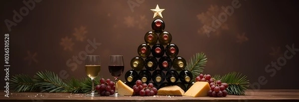 Fototapeta Christmas concept Winery products Wine bottles in the shape of a Christmas tree on a table with cheese, grapes and glasses of wine in an atmospheric Christmas setting on a dark gray background.