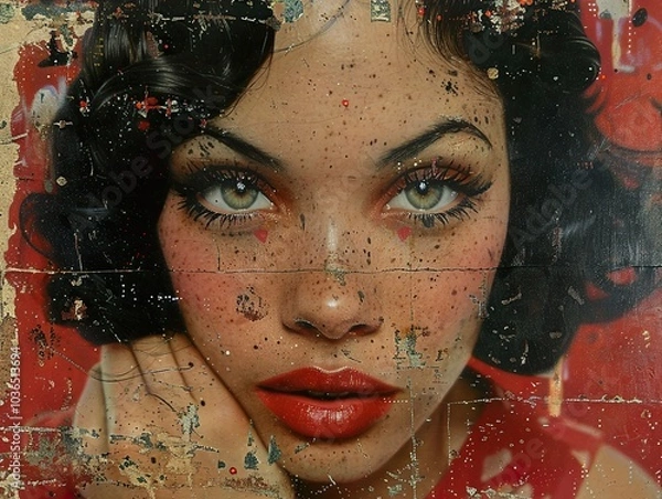 Fototapeta Vintage Portrait of a Woman with Red Lips and Freckles