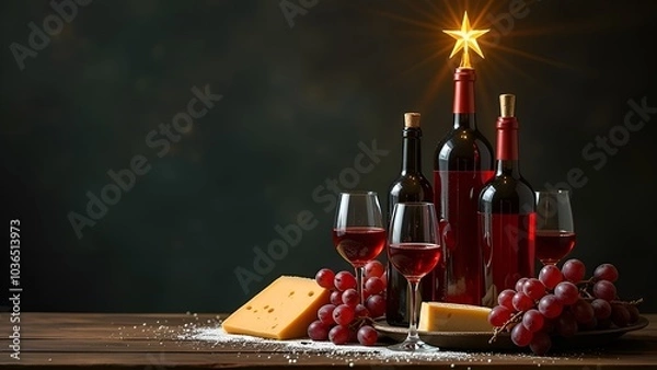 Fototapeta Festive concept of wine and cheese products. Christmas tree made of wine bottles with cheese, red and white grapes, glasses of wine on light brown background.