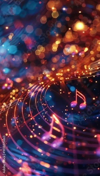 Fototapeta A vibrant, colorful abstract representation of music with swirling lines and glowing notes, creating a lively and energetic atmosphere.
