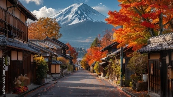 Obraz road with colorful maple trees in autumn pass through traditional Japanese village to Fuji mountain at countryside of Japan.	