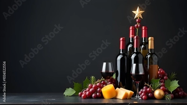 Fototapeta Wine bottles arranged in the shape of a Christmas tree, with cheese, grapes, wine glasses in a festive Christmas setting.