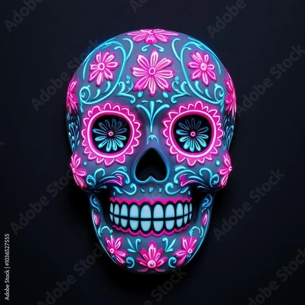 Fototapeta Luminous sugar skull with neon floral patterns, glowing pink and blue, intricate details