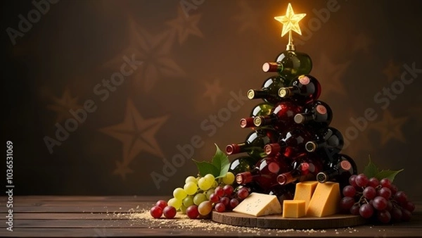 Fototapeta Wine bottles arranged in the shape of a Christmas tree, with cheese, grapes, wine glasses in a festive Christmas setting.