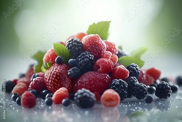 Fototapeta Fresh Mixed Berries with Dew in Soft Focus
