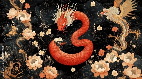 Fototapeta Red and Gold Dragon with Lotus Flowers and Clouds on a Black Background