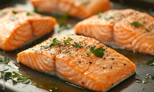 Fototapeta Close-up of seasoned and baked salmon fillets garnished with fresh herbs, Generative AI