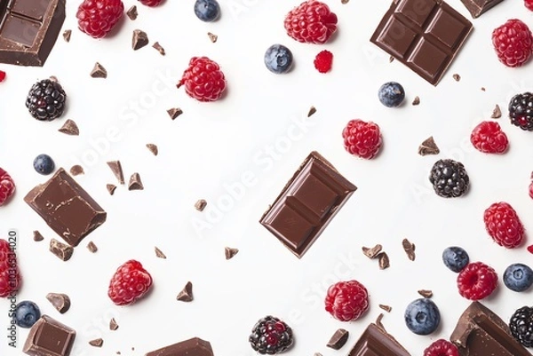 Fototapeta Floating Chocolate and Berry Pieces on White Background