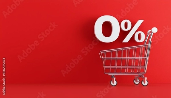 Obraz Small cart with floating percentage signs, illustrating the concept of sales, discounts, and retail deals, with a vibrant red backdrop