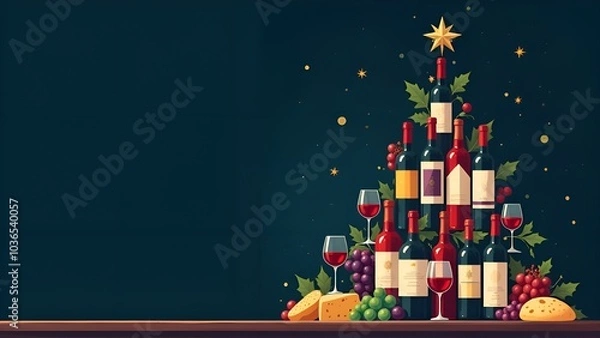 Fototapeta Festive concept of wine and cheese products with space for text. Christmas tree made of wine bottles with cheese, red and white grapes, wine glasses on a black background. Watercolor