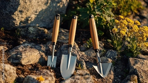 Fototapeta Three Garden Tools Resting on Rocks and Yellow Flowers