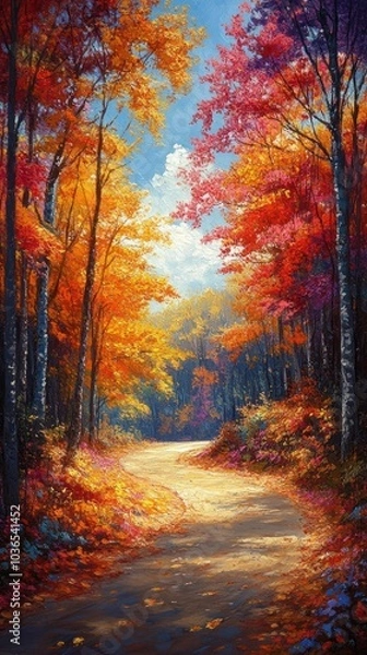Fototapeta Autumn Forest Path Painting - Vibrant Colors and Sunlight