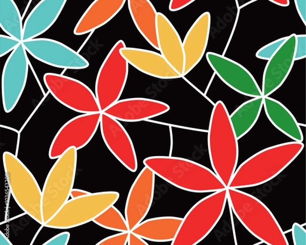 Obraz ステンドグラス風のシームレスのフラワーパターン_黒